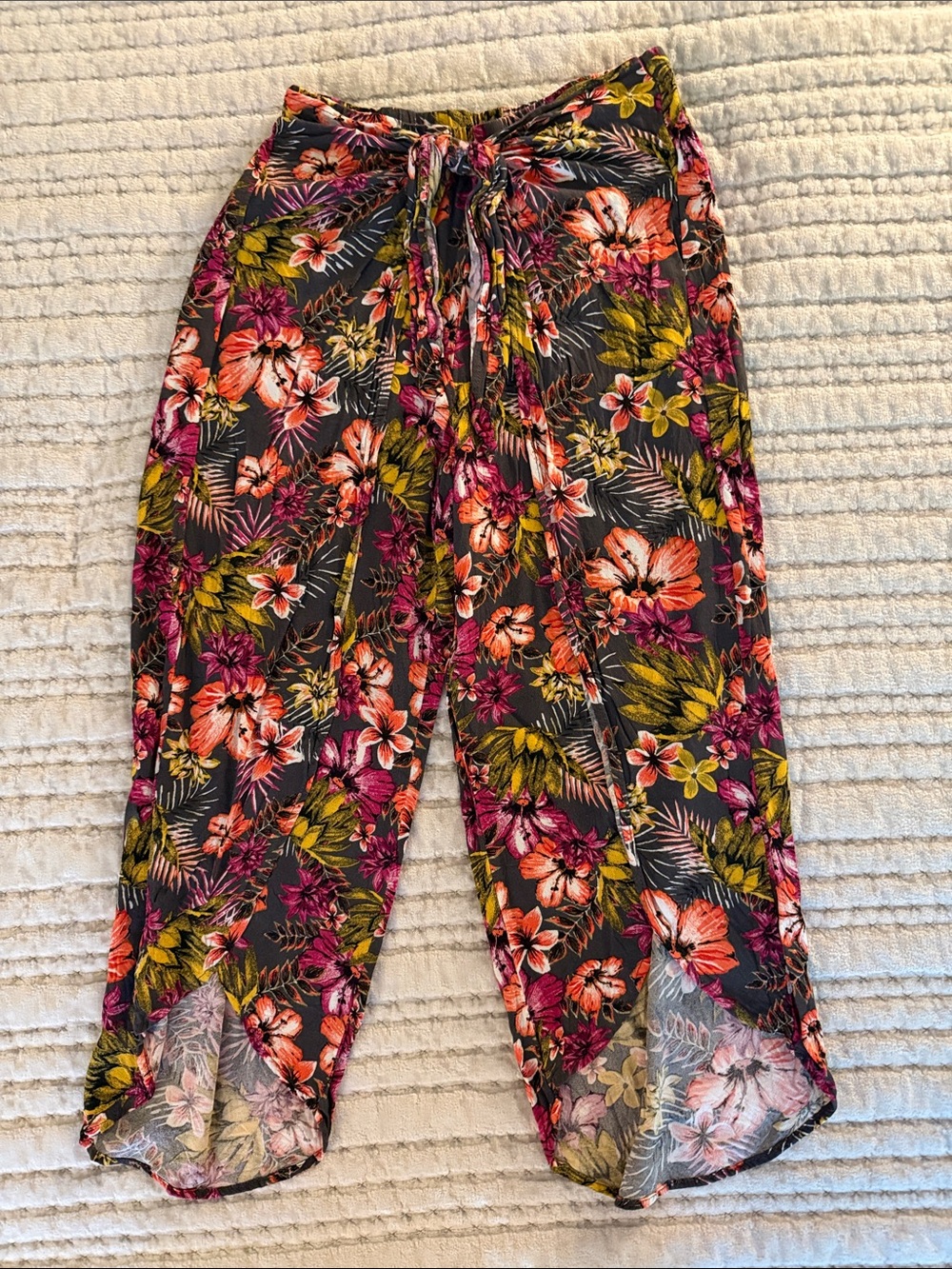 Floral Tie-Waist Wide-Leg Pants - Black with Pink & Orange Floral